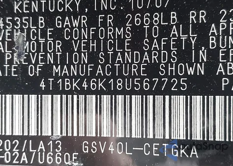 2008 Toyota Camry Xle V6 z USA, uszkodzony, nr VIN 4T1BK46K18U567725